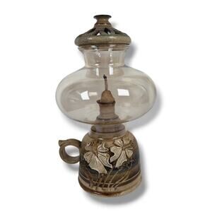 Hand Thrown Art Pottery Oil Hurricane Lamp with Glass Shade Floral Lillies Lilly